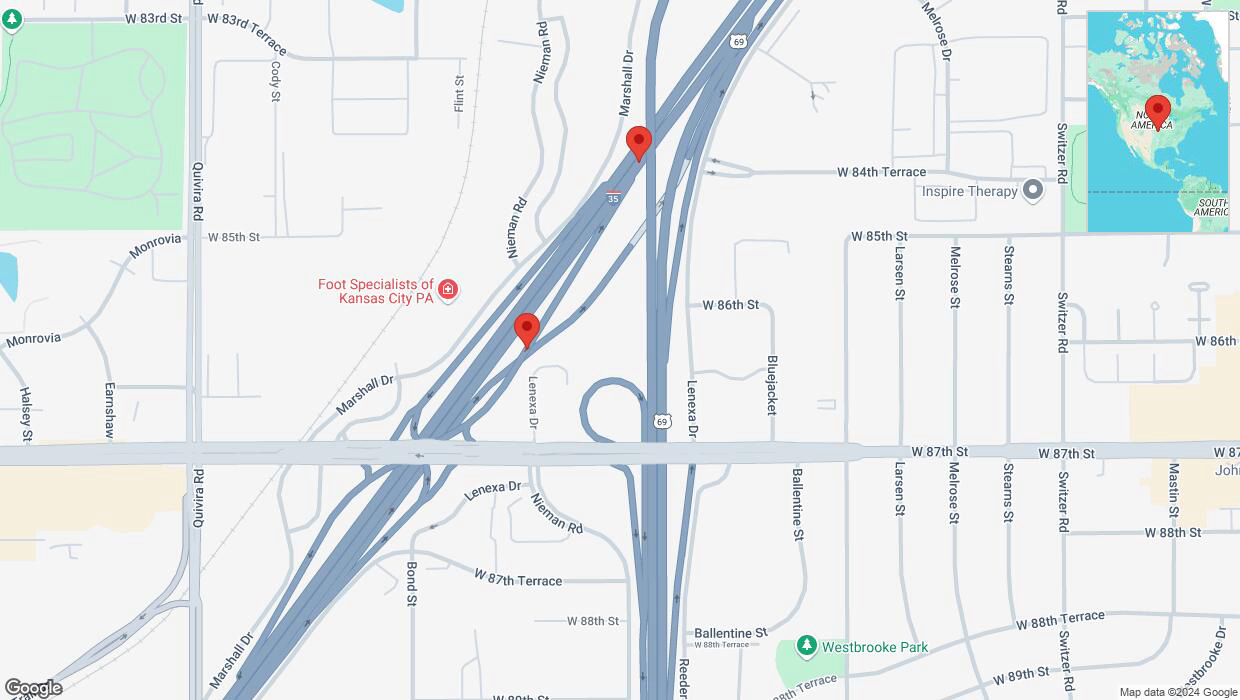 A detailed map that shows the affected road due to 'Broken down vehicle on Nieman Road in Lenexa' on September 7th at 3:04 p.m.