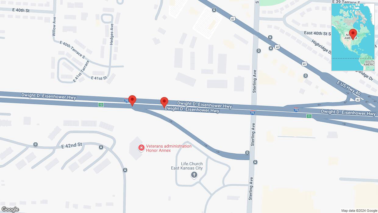 A detailed map that shows the affected road due to 'Broken down vehicle on eastbound I-70 in Kansas City' on September 7th at 6:10 p.m.