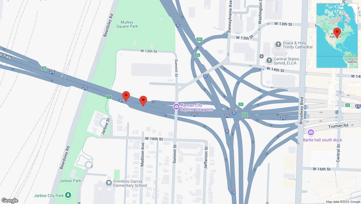 A detailed map that shows the affected road due to 'Broken down vehicle on eastbound I-670 in Kansas City' on September 7th at 8:28 p.m.