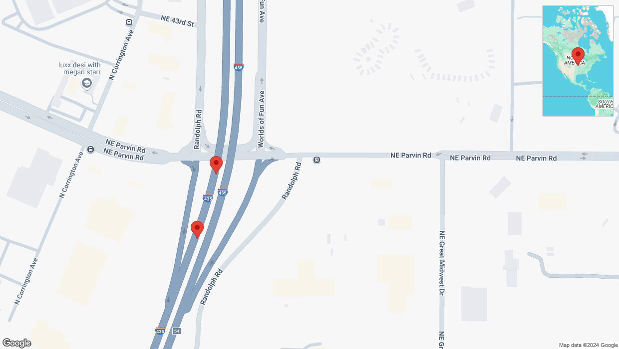 A detailed map that shows the affected road due to 'Warning in Kansas City: Crash reported on southbound I-435' on September 8th at 1:28 p.m.
