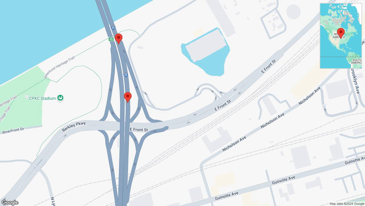 A detailed map that shows the affected road due to 'Broken down vehicle on northbound I-29/I-35 in Kansas City' on September 8th at 4:28 p.m.