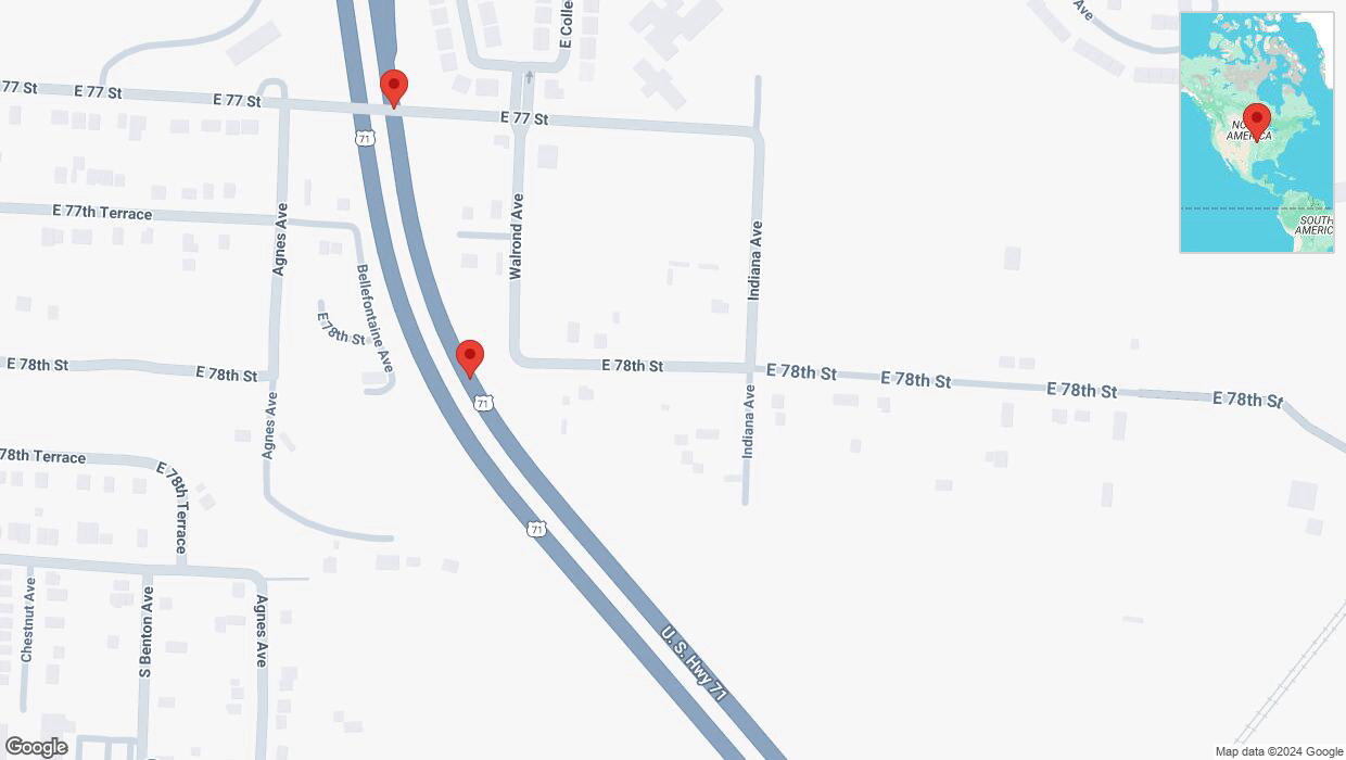 A detailed map that shows the affected road due to 'Warning in Kansas City: Crash reported on northbound I-40/US-71' on September 8th at 8:22 p.m.
