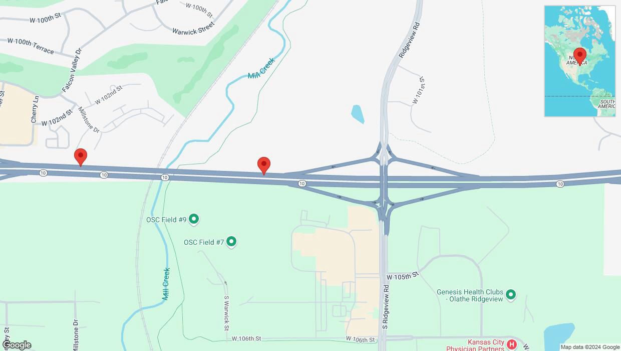 A detailed map that shows the affected road due to 'Right lane on K-10 closed in Olathe' on September 9th at 12:02 p.m.