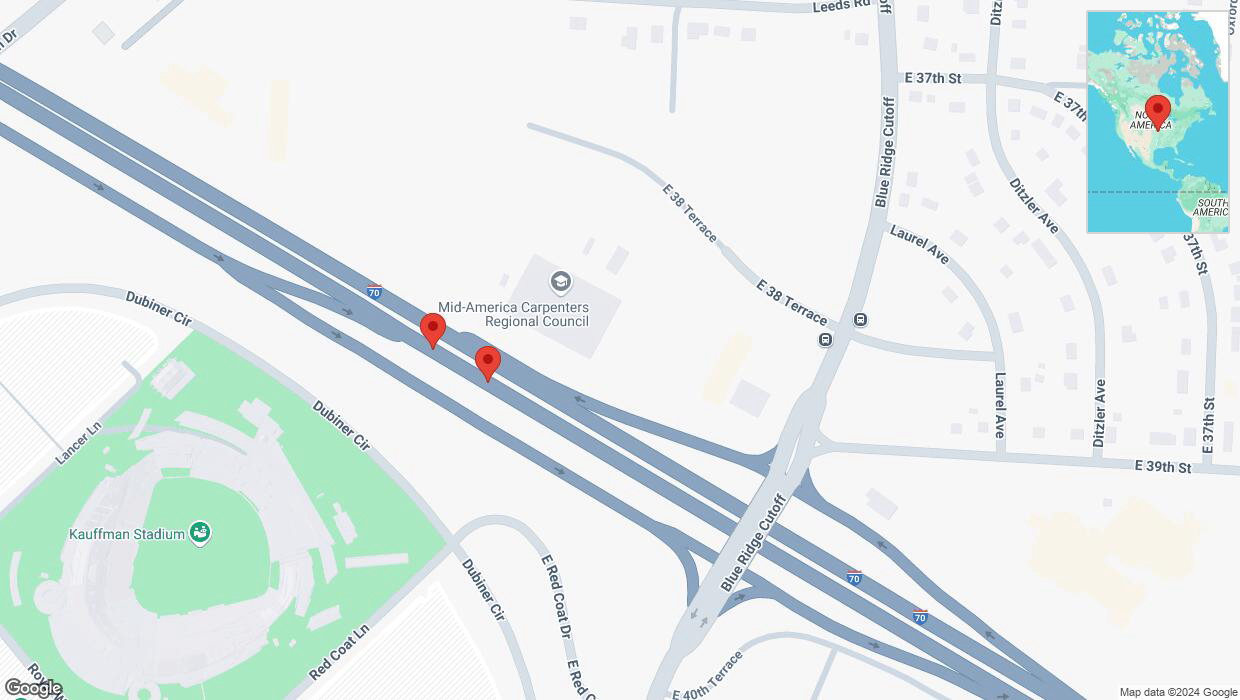 A detailed map that shows the affected road due to 'Broken down vehicle on eastbound I-70 in Kansas City' on September 9th at 4:34 p.m.