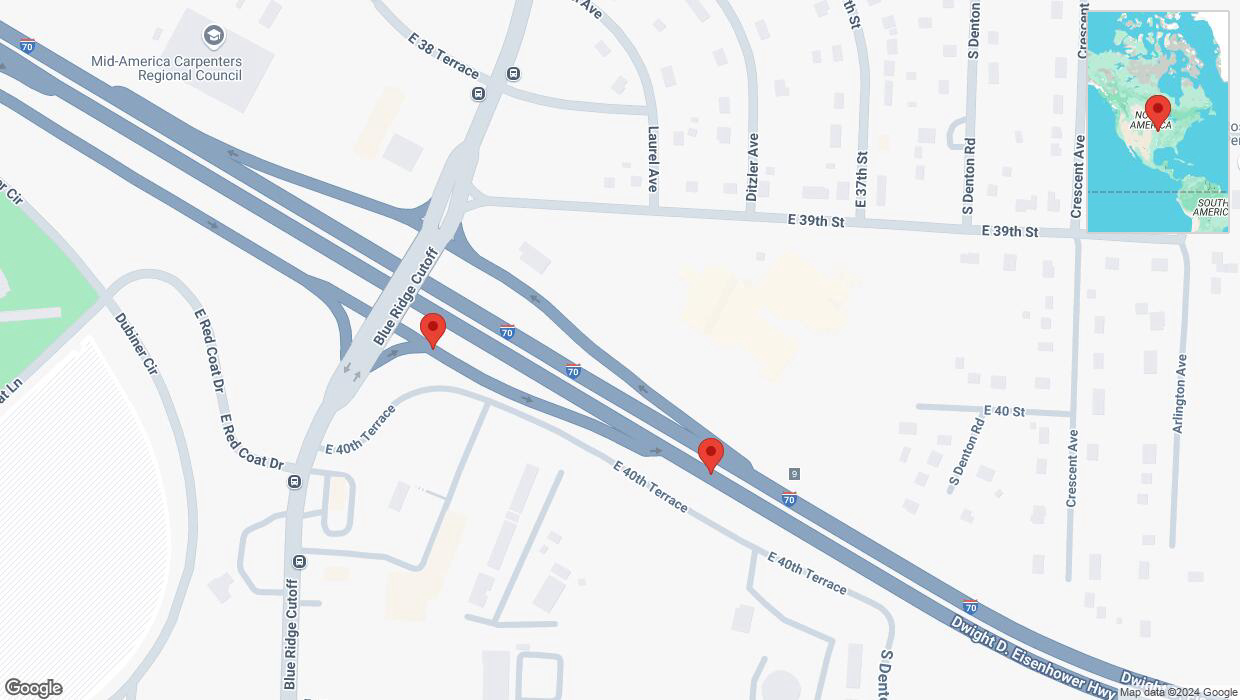 A detailed map that shows the affected road due to 'Broken down vehicle on East 40th Terrace in Kansas City' on September 9th at 9:46 p.m.
