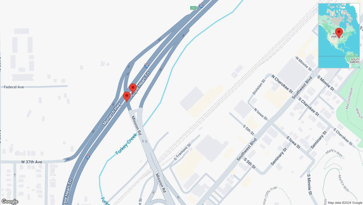 A detailed map that shows the affected road due to 'Broken down vehicle on northbound I-35 in Kansas City' on September 10th at 7:04 p.m.