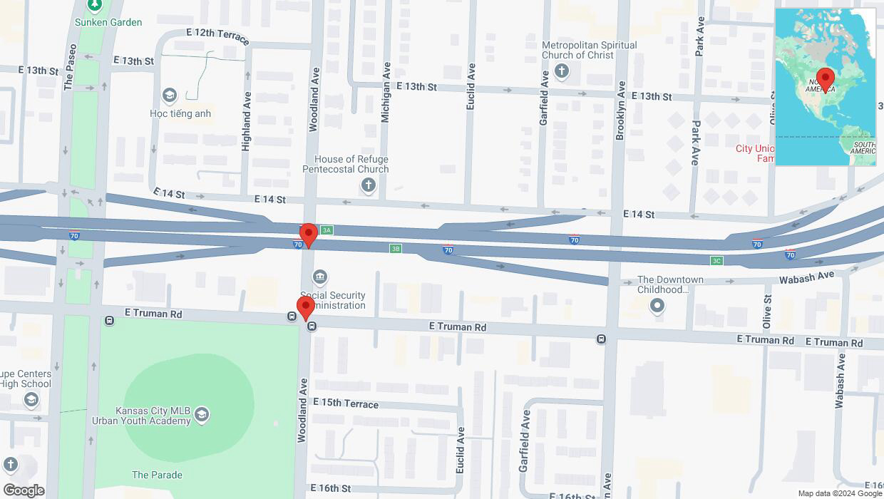 A detailed map that shows the affected road due to 'East Truman Road closed in Kansas City' on September 10th at 7:04 p.m.