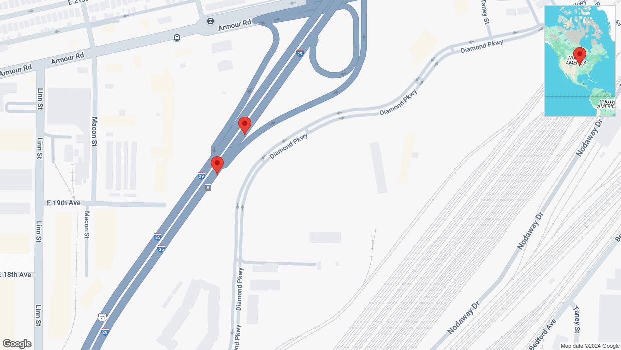 A detailed map that shows the affected road due to 'Broken down vehicle on northbound I-29/I-35 in North Kansas City' on September 10th at 10:16 p.m.