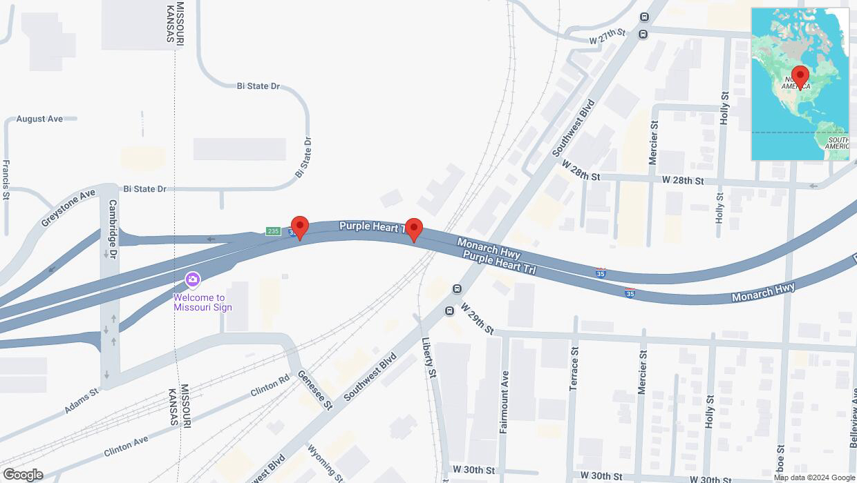 A detailed map that shows the affected road due to 'Warning in Kansas City: Crash reported on northbound I-35' on September 11th at 3:16 p.m.