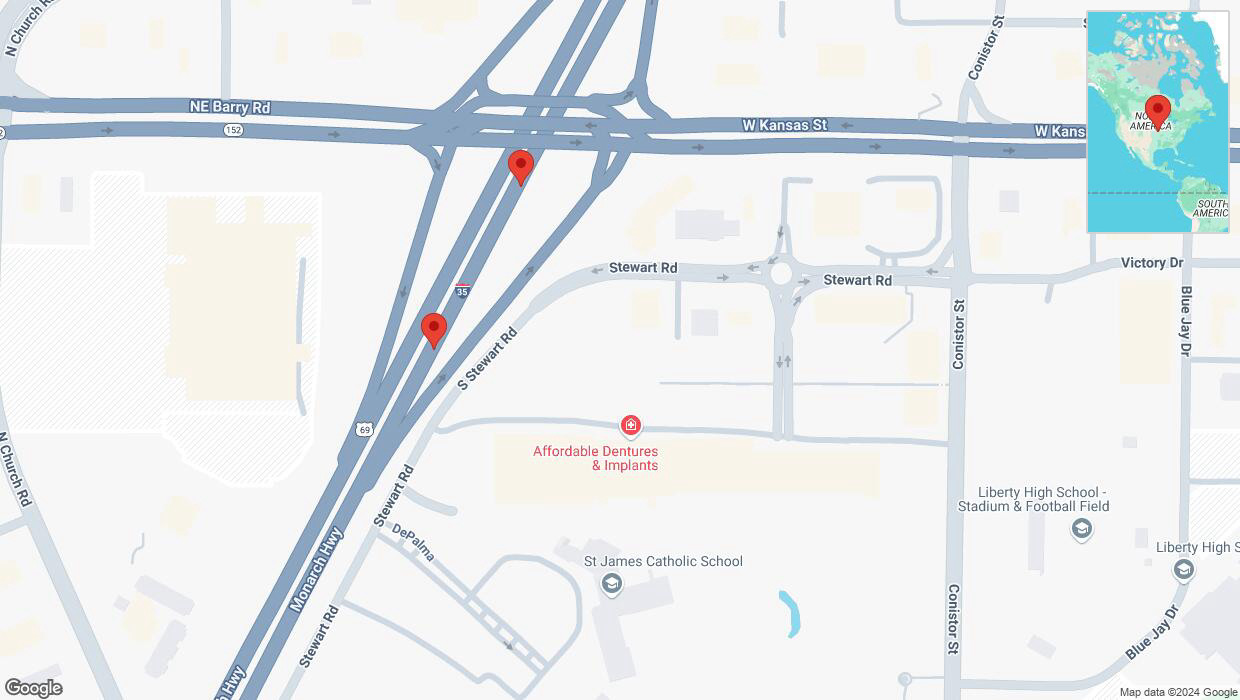 A detailed map that shows the affected road due to 'Broken down vehicle on northbound I-35 in Liberty' on September 11th at 6:22 p.m.