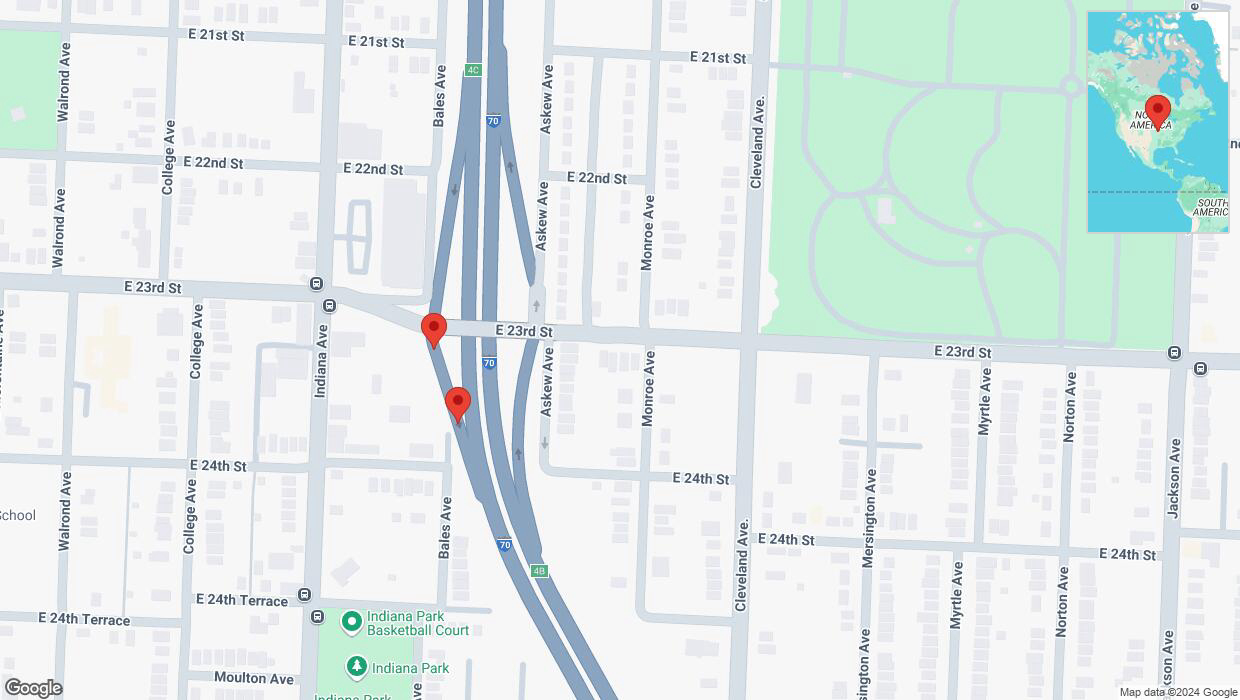 A detailed map that shows the affected road due to 'Broken down vehicle on East 23rd Street in Kansas City' on September 11th at 11:28 p.m.