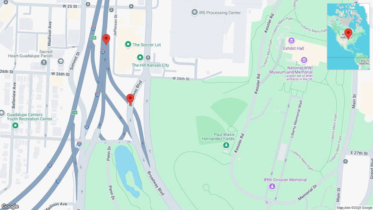 A detailed map that shows the affected road due to 'Broken down vehicle on West 26th Street in Kansas City' on September 12th at 4:40 p.m.