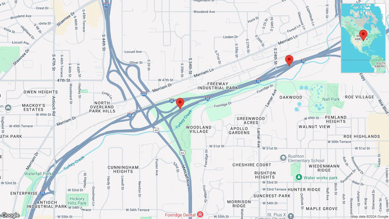 A detailed map that shows the affected road due to 'Warning: Crash on northbound I-35 in Mission' on September 12th at 4:58 p.m.