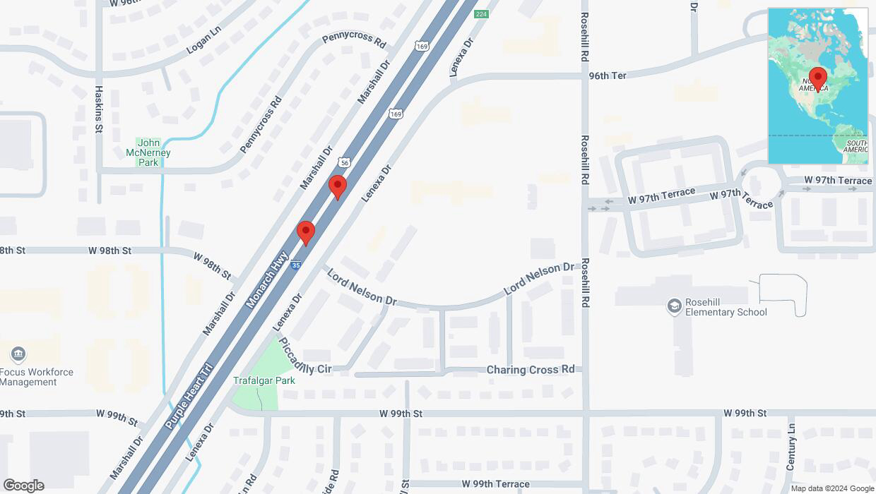A detailed map that shows the affected road due to 'Broken down vehicle on eastbound I-35 in Lenexa' on September 13th at 8:28 p.m.