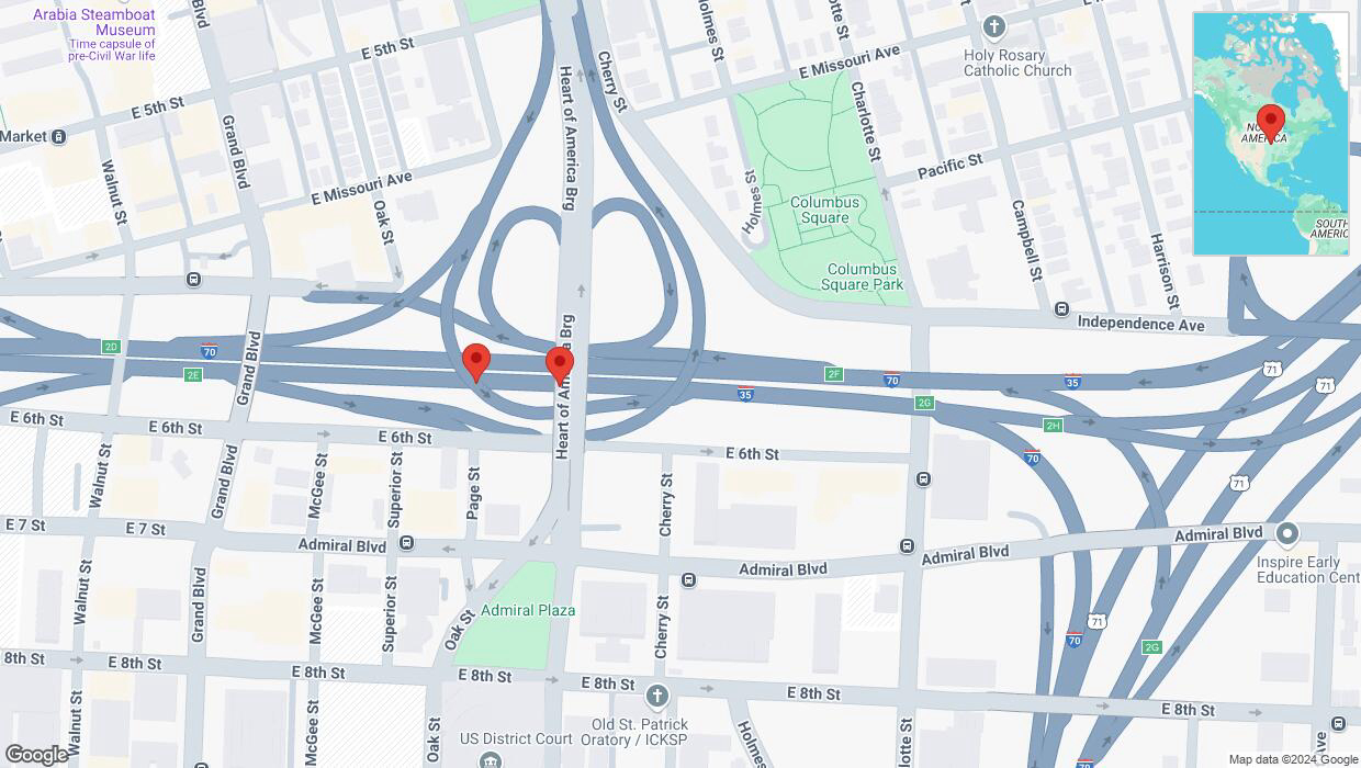 A detailed map that shows the affected road due to 'Broken down vehicle on eastbound I-70/I-35 in Kansas City' on September 13th at 6:10 p.m.