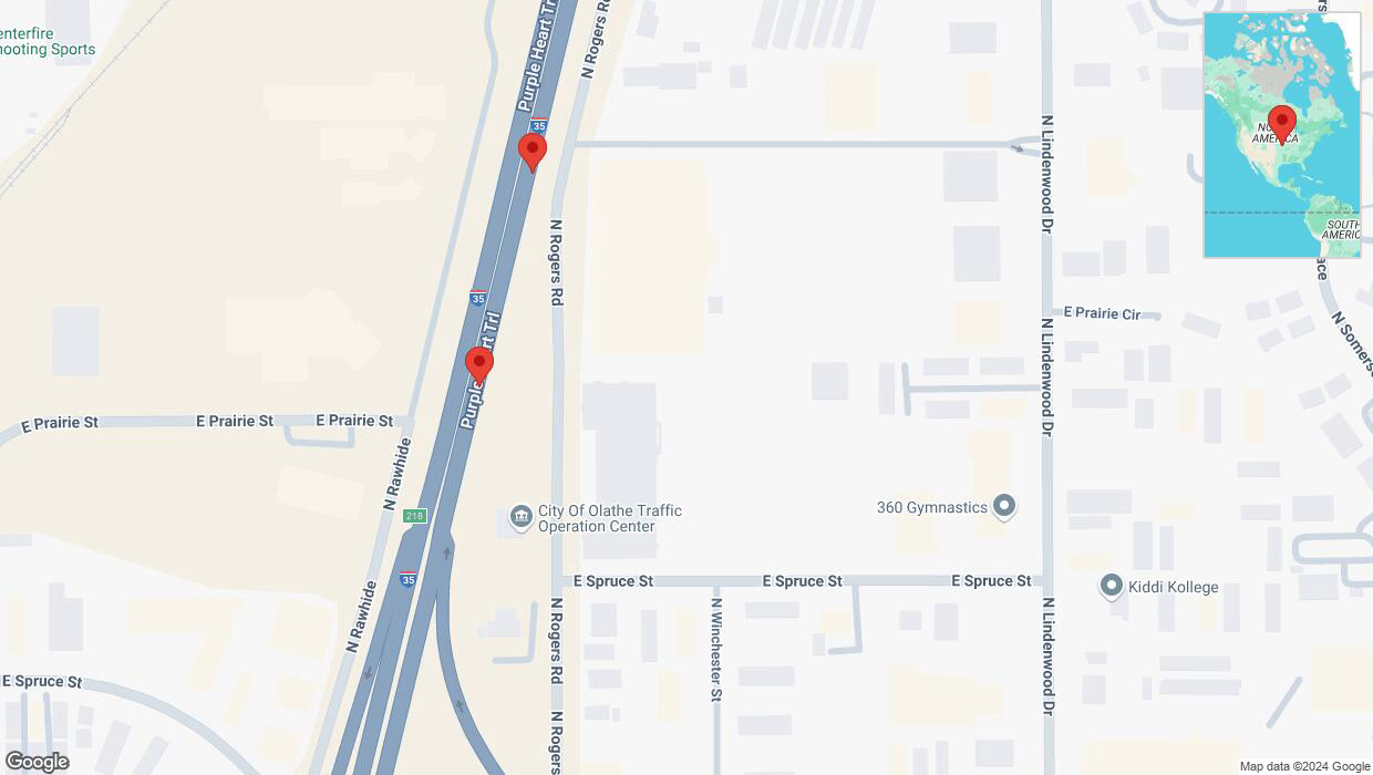 A detailed map that shows the affected road due to 'Broken down vehicle on eastbound I-35 in Olathe' on September 13th at 6:52 p.m.