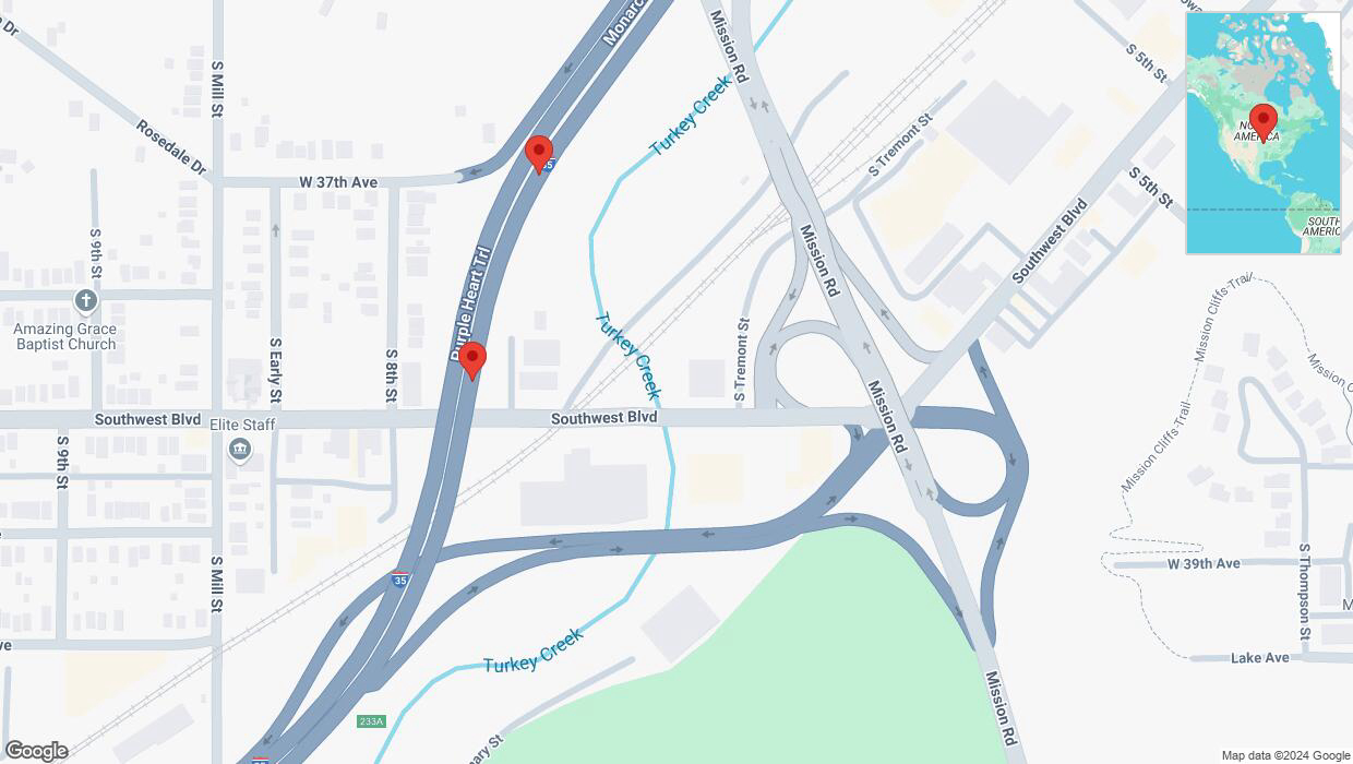 A detailed map that shows the affected road due to 'Crash reported on northbound I-35 in Kansas City' on September 14th at 4:58 p.m.