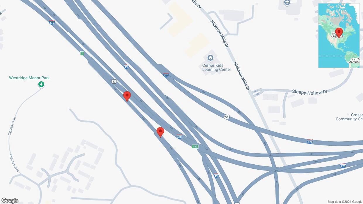 A detailed map that shows the affected road due to 'Broken down vehicle on U.S. 50 in Kansas City' on September 16th at 11:43 p.m.