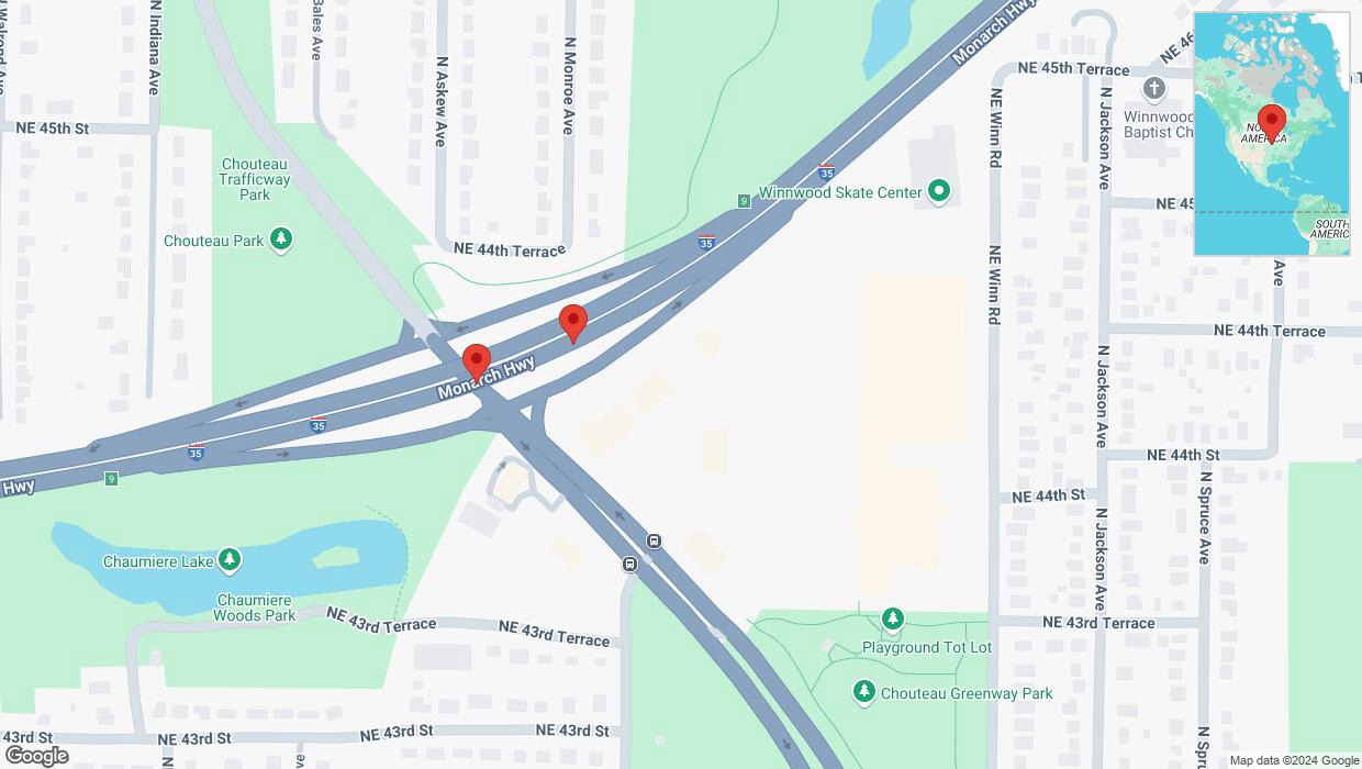A detailed map that shows the affected road due to 'Broken down vehicle on northbound I-35 in Kansas City' on September 17th at 1:13 p.m.