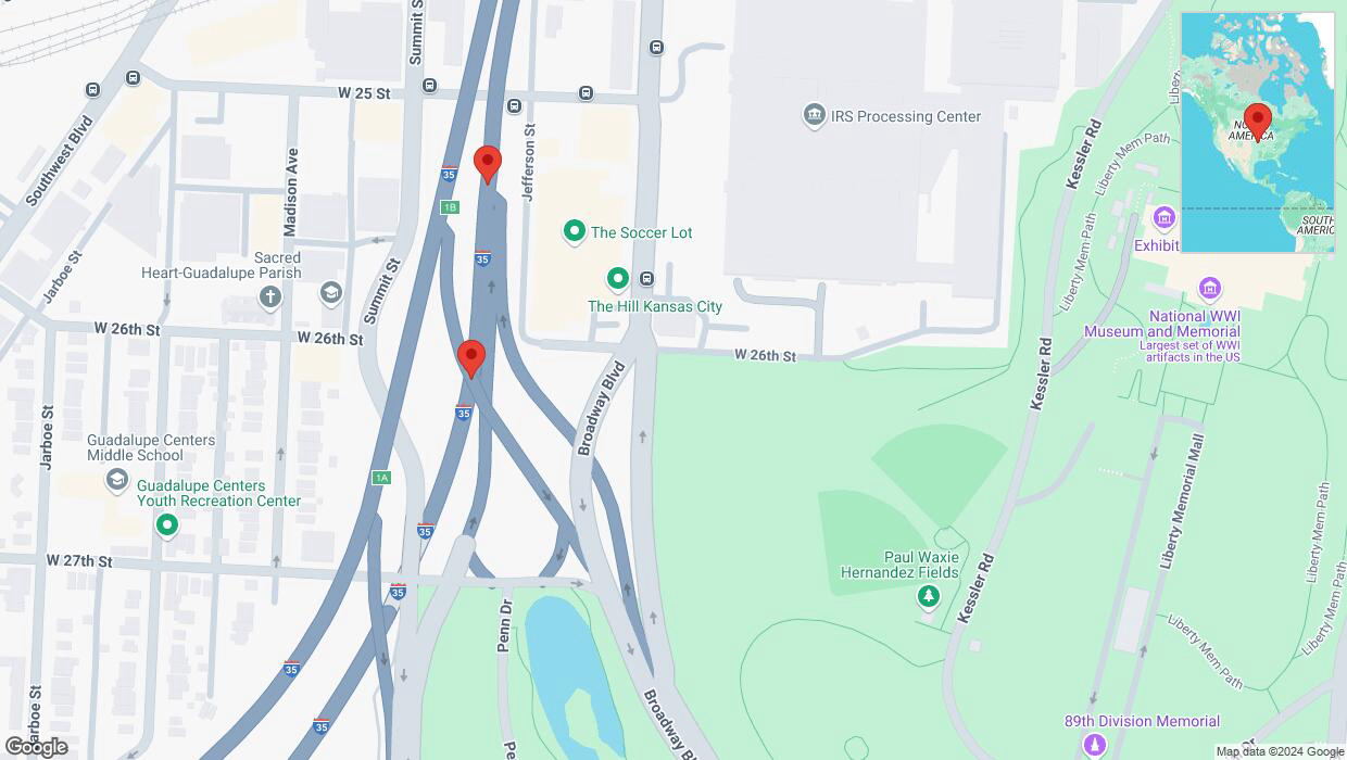 A detailed map that shows the affected road due to 'Broken down vehicle on northbound I-35 in Kansas City' on September 18th at 7:25 p.m.