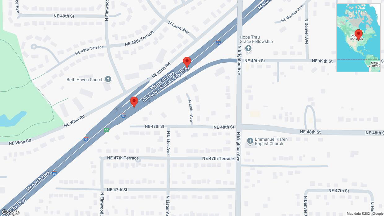 A detailed map that shows the affected road due to 'Broken down vehicle on northbound I-35 in Kansas City' on September 18th at 10:19 p.m.