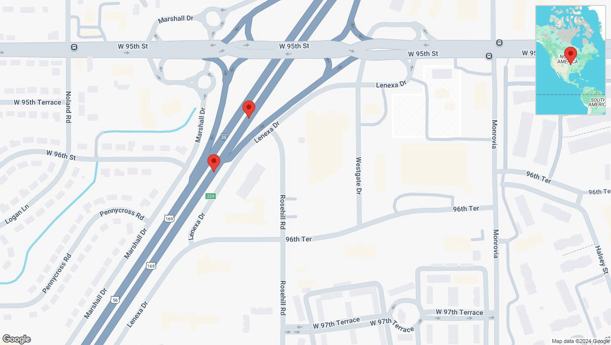 A detailed map that shows the affected road due to 'Broken down vehicle on eastbound I-35 in Lenexa' on September 18th at 10:49 p.m.