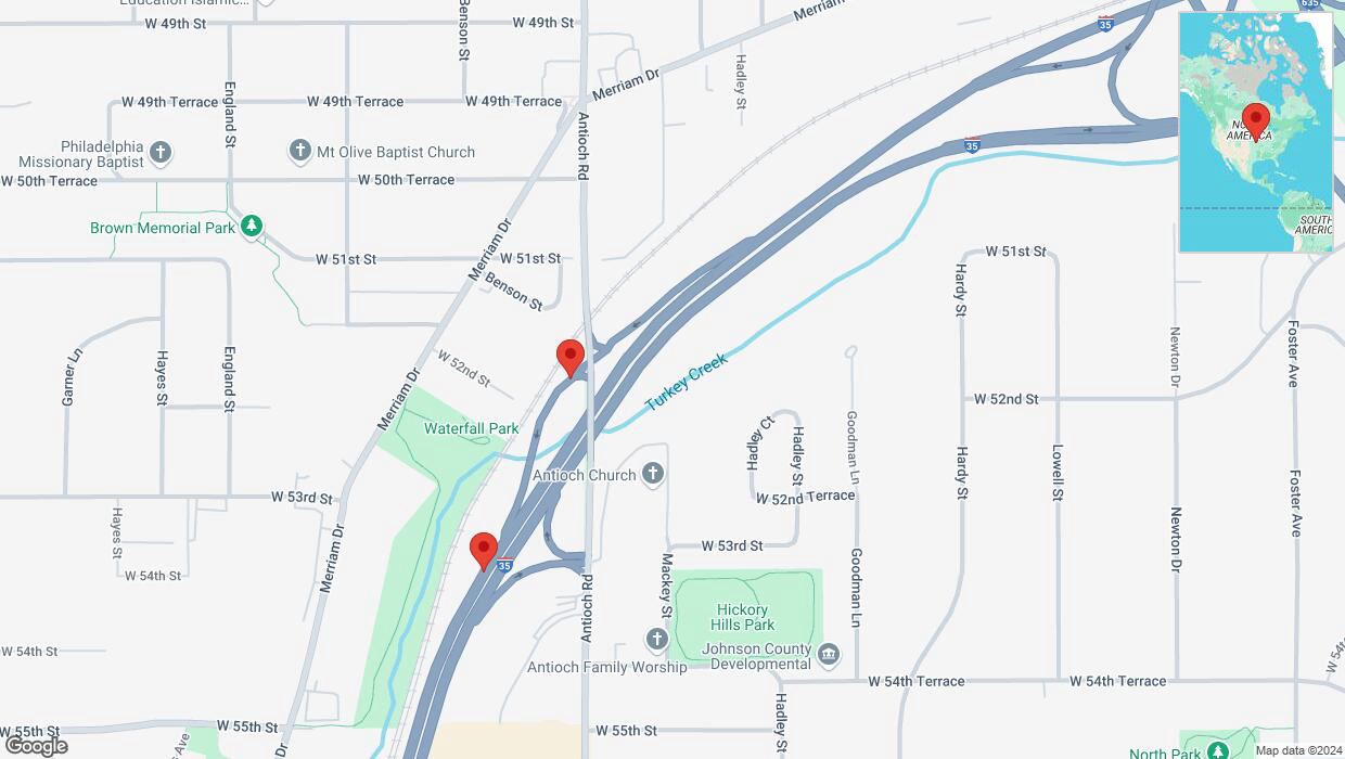 A detailed map that shows the affected road due to 'Merriam Drive closed in Shawnee' on September 18th at 11:25 p.m.
