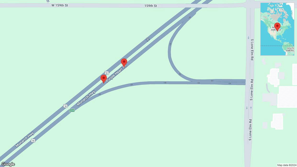 A detailed map that shows the affected road due to 'Broken down vehicle on eastbound I-35 in Olathe' on September 19th at 2:19 p.m.