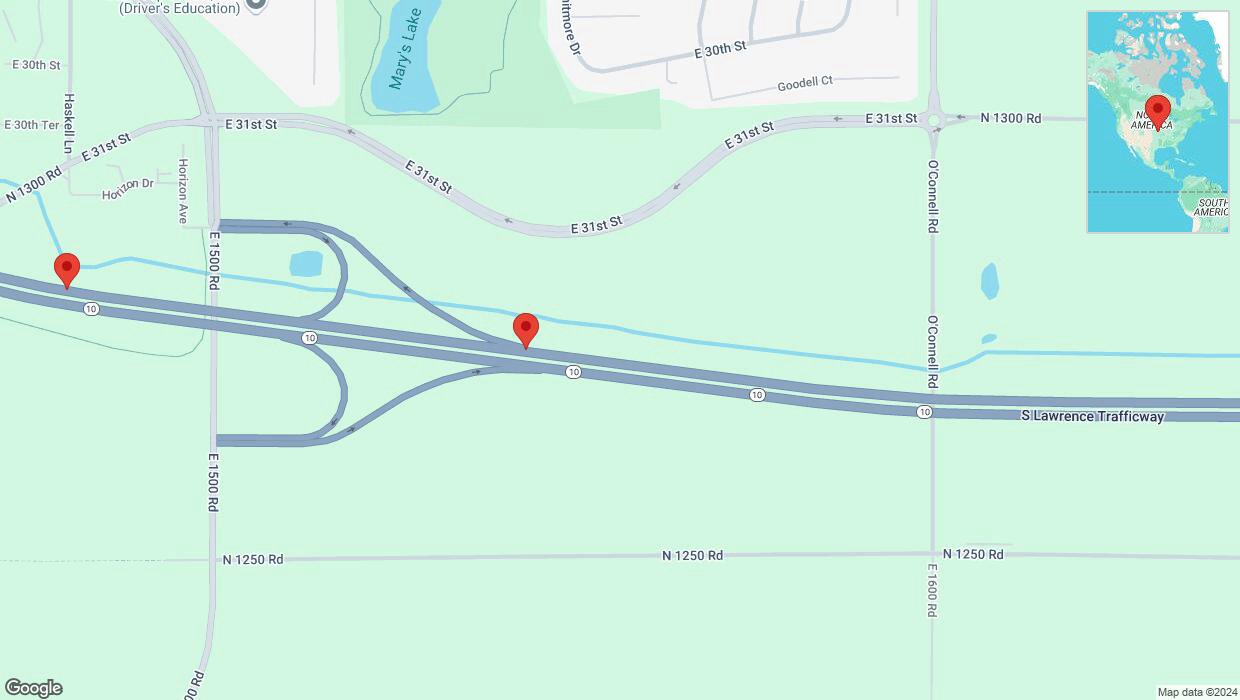 A detailed map that shows the affected road due to 'Lane on K-10 closed in Lawrence' on September 19th at 10:19 p.m.