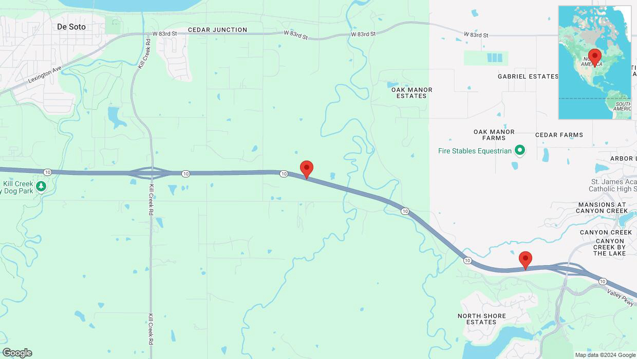 A detailed map that shows the affected road due to 'Left lane on K-10 closed in De Soto' on September 21st at 6:23 p.m.