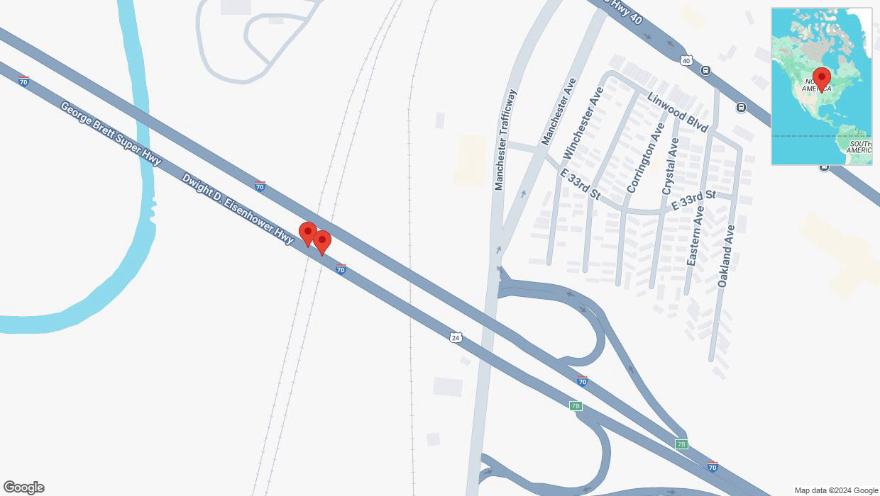 A detailed map that shows the affected road due to 'Broken down vehicle on eastbound I-70 in Kansas City' on September 21st at 7:29 p.m.