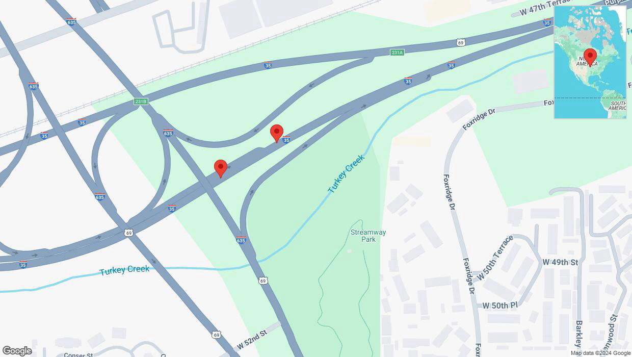 A detailed map that shows the affected road due to 'Broken down vehicle on northbound I-35 in Mission' on September 21st at 1:05 p.m.