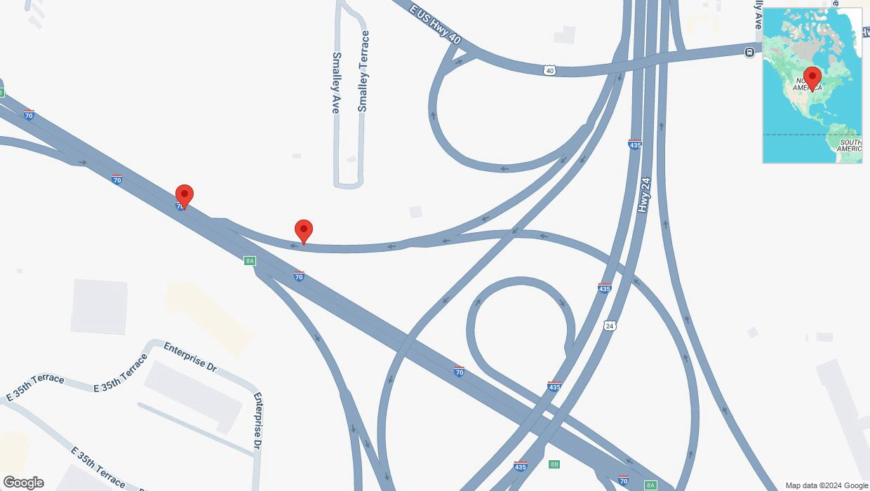 A detailed map that shows the affected road due to 'Broken down vehicle on Palmer Terrace in Kansas City' on September 21st at 5:46 p.m.