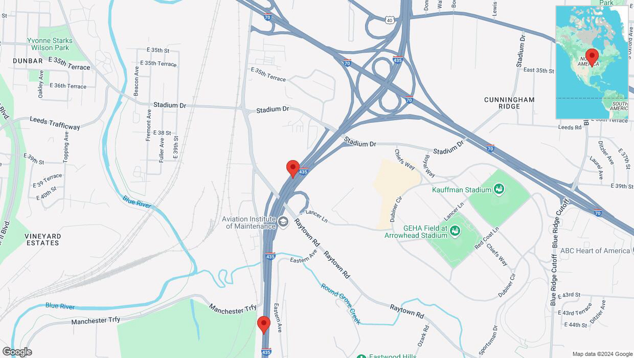 A detailed map that shows the affected road due to 'Warning in Kansas City: Crash reported on southbound I-435' on September 21st at 8:21 p.m.