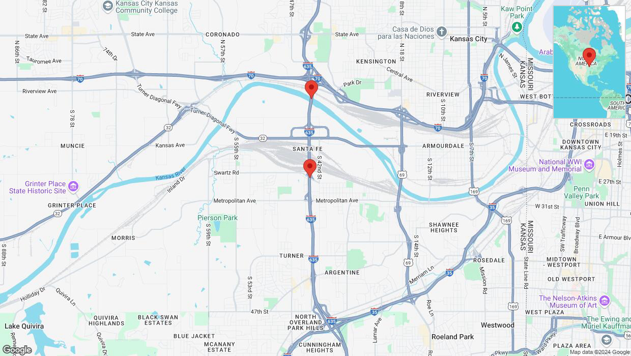 A detailed map that shows the affected road due to 'Lane on I-635 closed in Kansas City' on September 21st at 11:27 p.m.