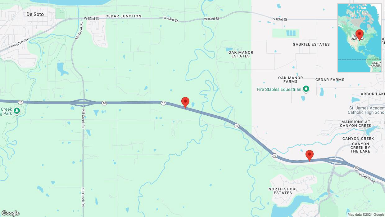 A detailed map that shows the affected road due to 'Left lane on K-10 closed in De Soto' on September 29th at 4:22 p.m.