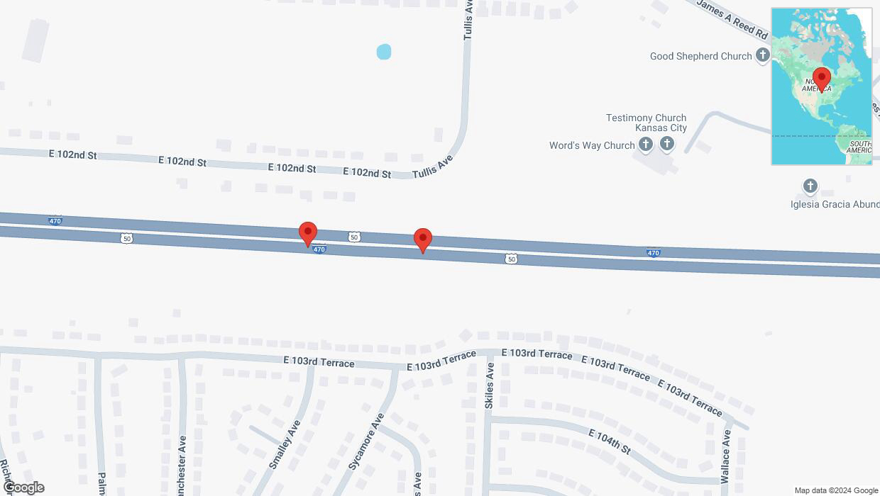 A detailed map that shows the affected road due to 'Broken down vehicle on eastbound I-470 in Kansas City' on September 23rd at 12:35 p.m.