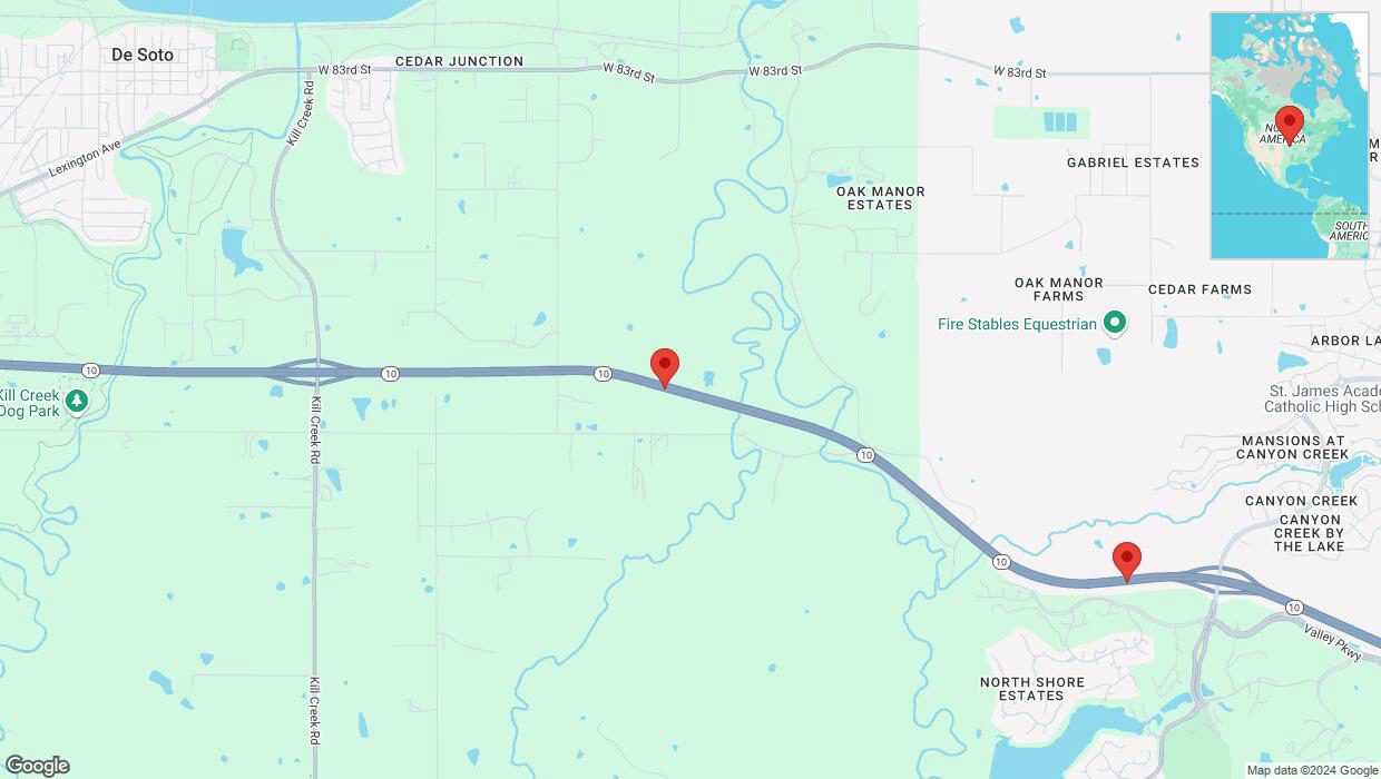 A detailed map that shows the affected road due to 'Left lane on K-10 closed in De Soto' on September 28th at 7:18 p.m.