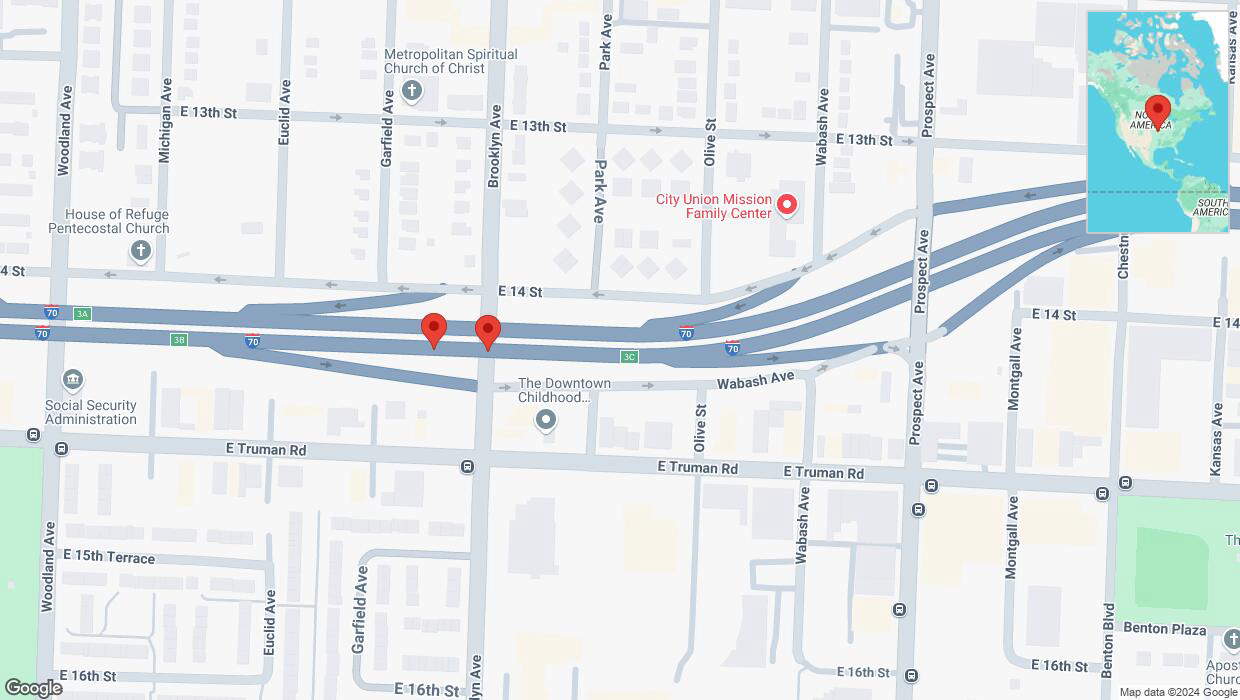 A detailed map that shows the affected road due to 'Broken down vehicle on eastbound I-70 in Kansas City' on September 23rd at 9:11 p.m.