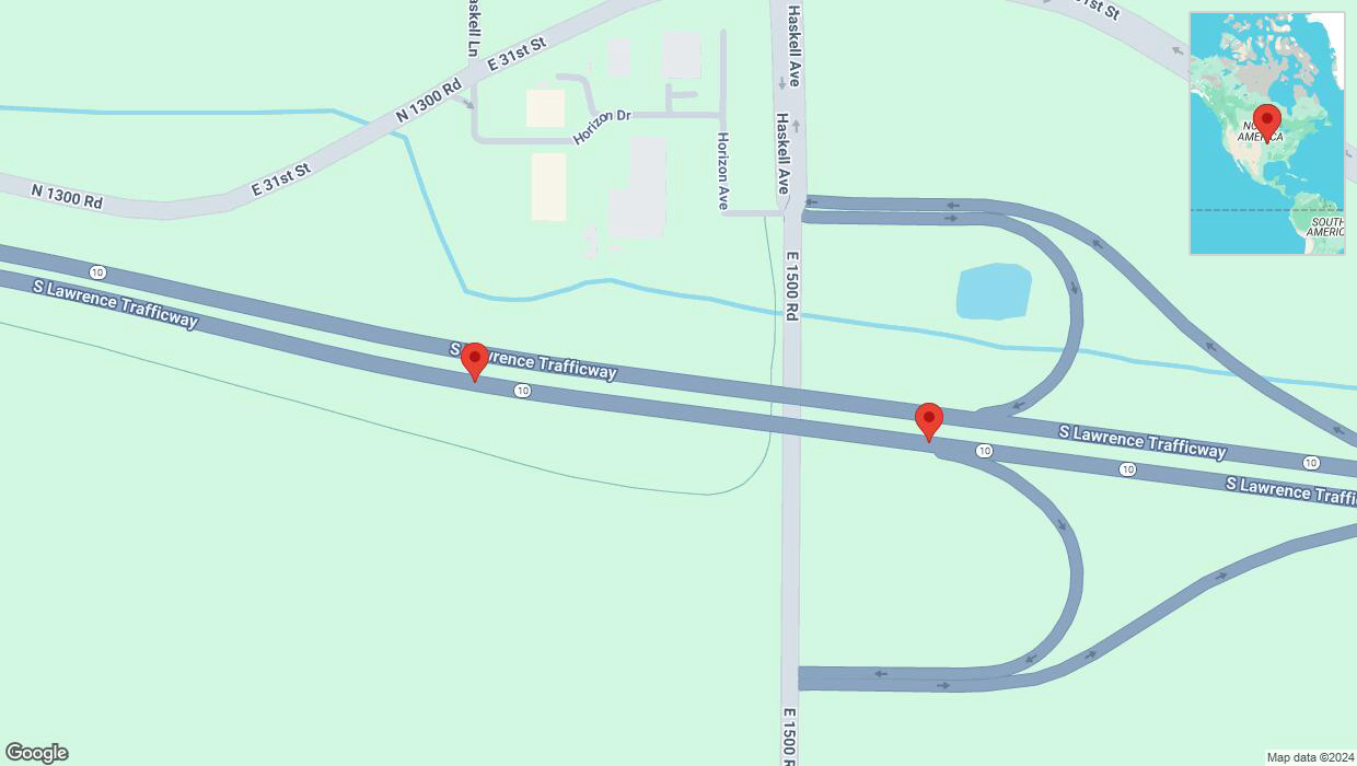 A detailed map that shows the affected road due to 'Lane on K-10 closed in Lawrence' on September 24th at 11:11 p.m.