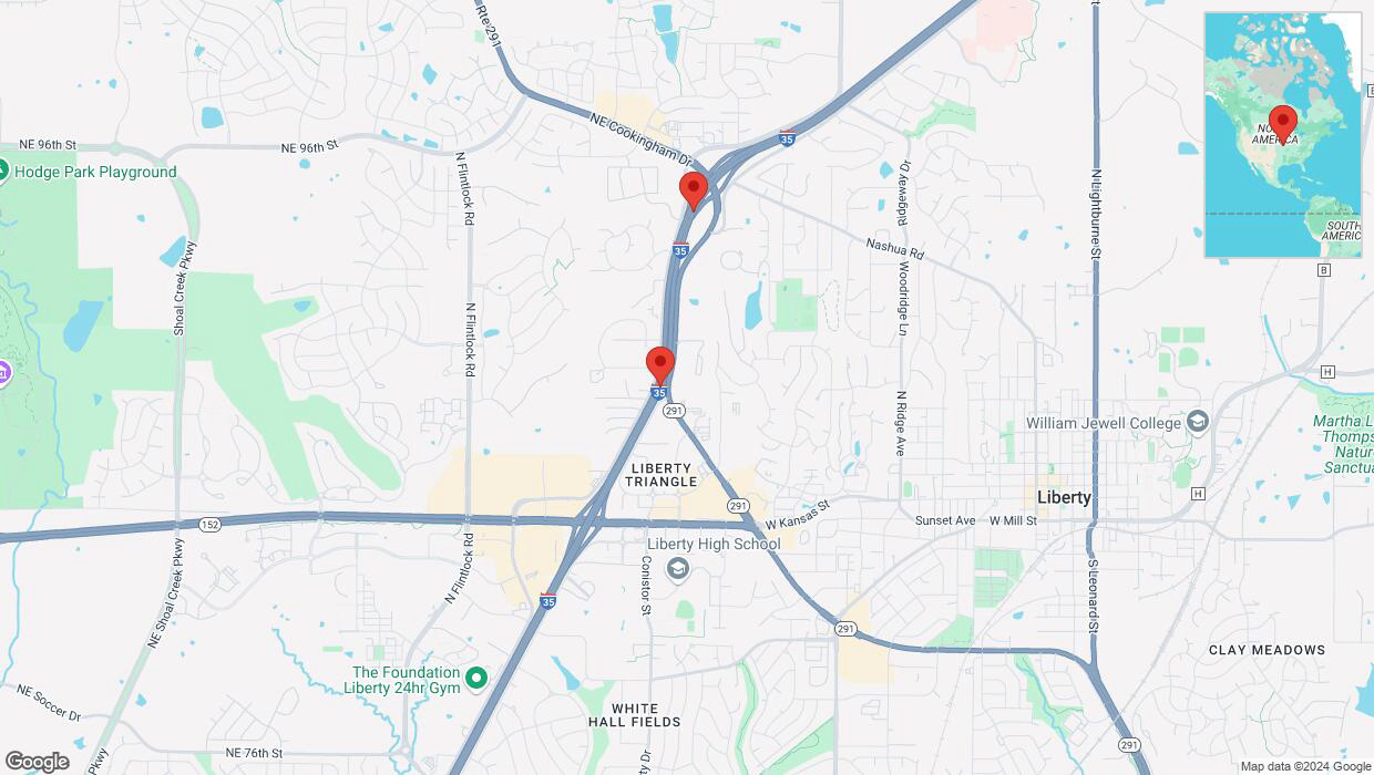A detailed map that shows the affected road due to 'Warning in Liberty: Crash reported on northbound I-35' on September 25th at 4:35 p.m.