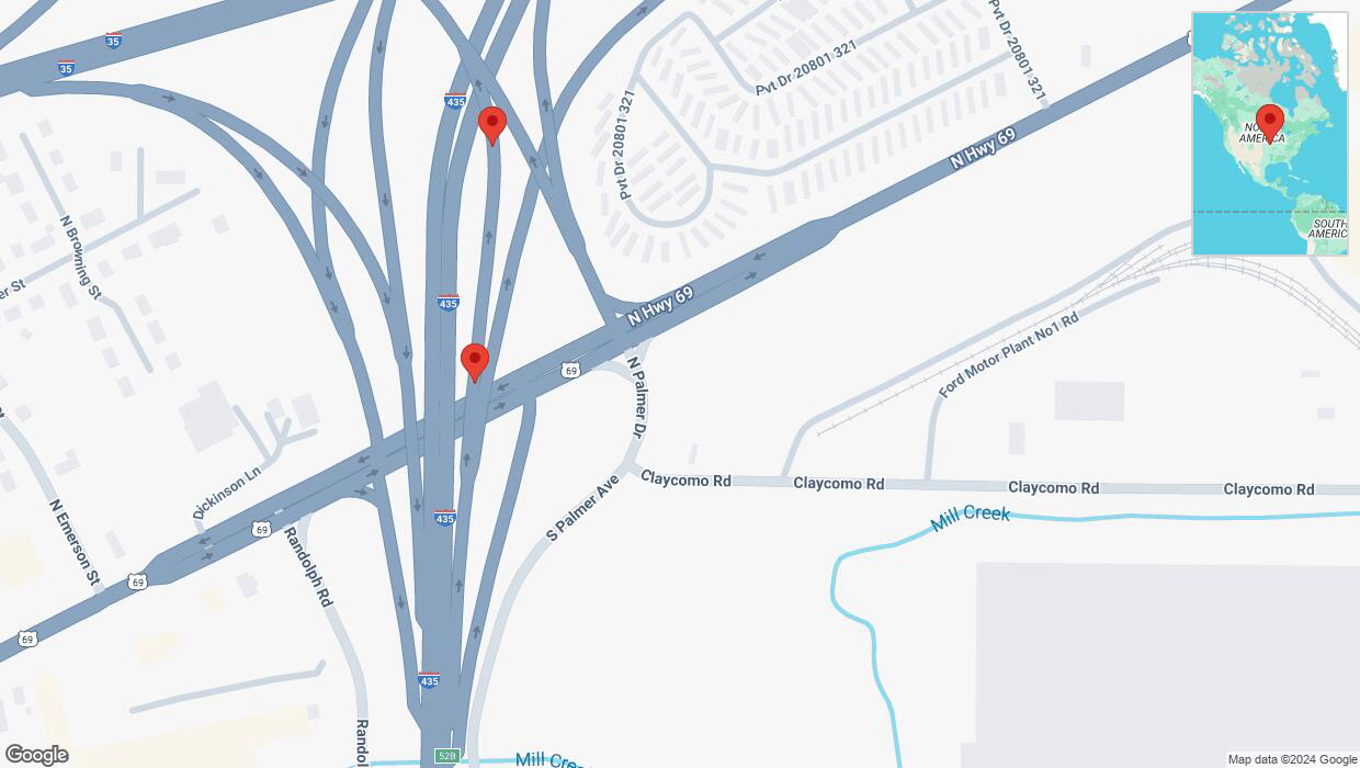A detailed map that shows the affected road due to 'Broken down vehicle on U.S. 69 in Claycomo' on September 25th at 9:29 p.m.