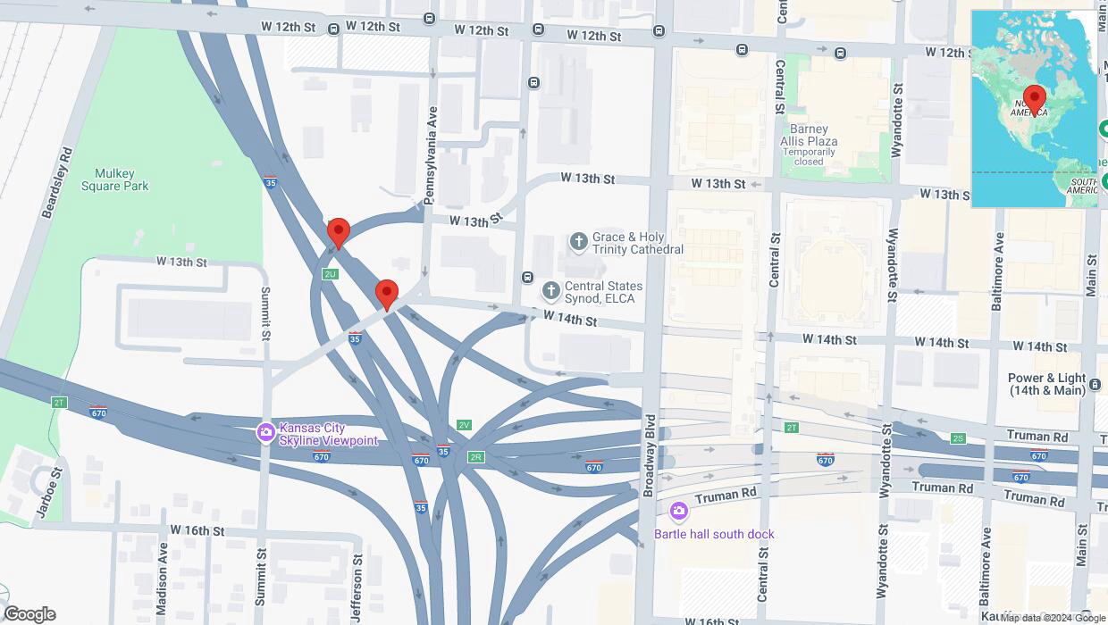 A detailed map that shows the affected road due to 'Broken down vehicle on northbound I-35 in Kansas City' on September 26th at 2:59 p.m.