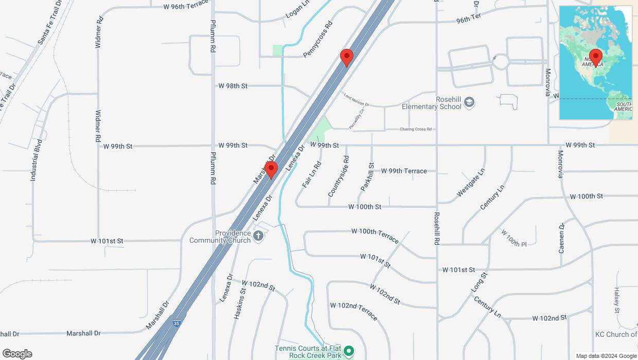 A detailed map that shows the affected road due to 'Broken down vehicle on eastbound I-35 in Lenexa' on September 26th at 5:11 p.m.