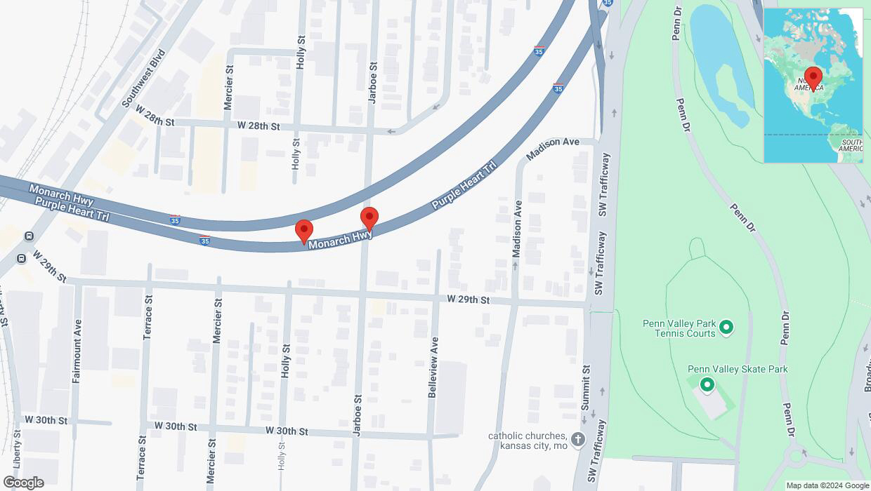 A detailed map that shows the affected road due to 'Broken down vehicle on northbound I-35 in Kansas City' on September 26th at 6:41 p.m.