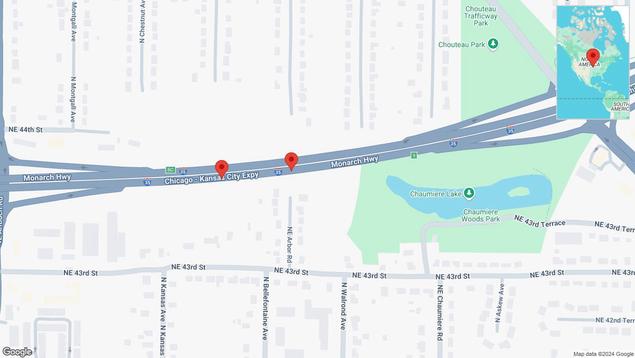 A detailed map that shows the affected road due to 'Warning: Crash on northbound I-35 in Kansas City' on September 27th at 7:05 p.m.