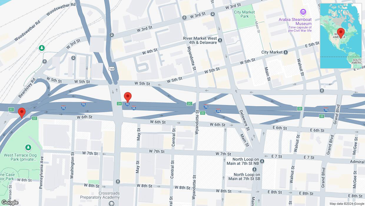 A detailed map that shows the affected road due to 'Kansas City: I-35 South closed' on September 27th at 8:53 p.m.