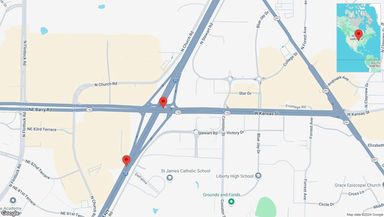 A detailed map that shows the affected road due to 'West Kansas Street closed in Liberty' on September 27th at 10:05 p.m.