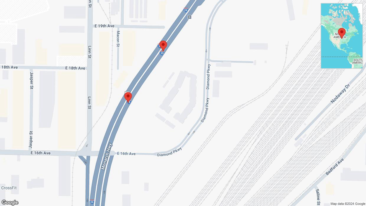 A detailed map that shows the affected road due to 'Broken down vehicle on northbound I-29/I-35 in North Kansas City' on September 28th at 2:24 p.m.