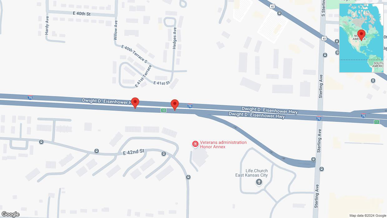 A detailed map that shows the affected road due to 'Broken down vehicle on eastbound I-70 in Kansas City' on September 28th at 3:12 p.m.